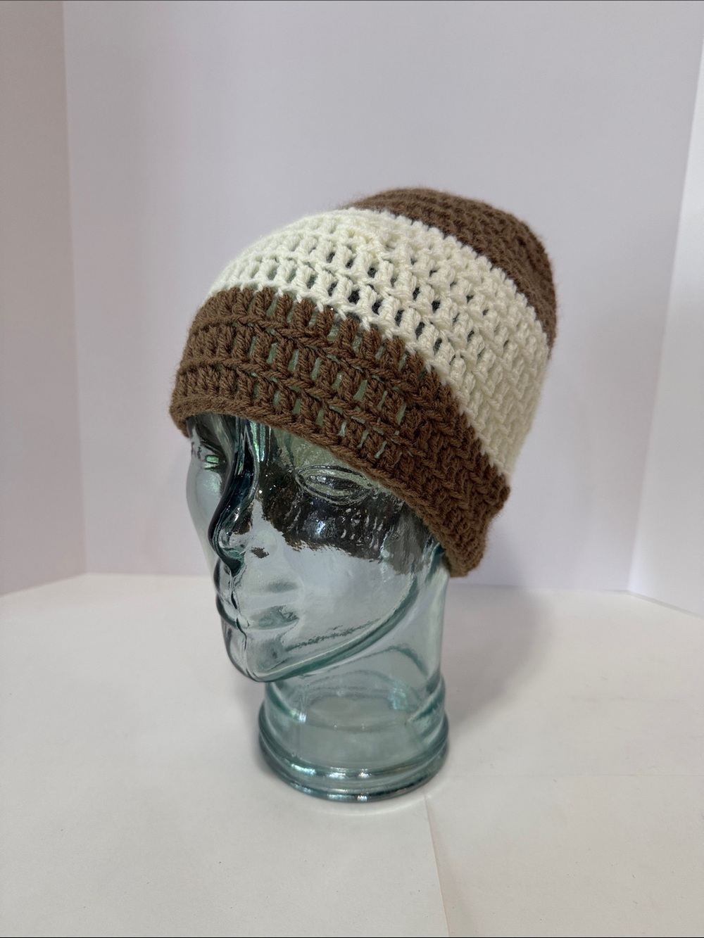 Striped Brown and Cream Crochet Beanie